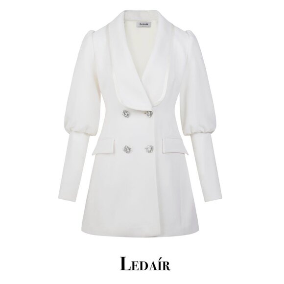 Ledair Chystal Embellished Cut Out Modern Bride Luxury White Blazer Mini Dress - Picture 10 of 15